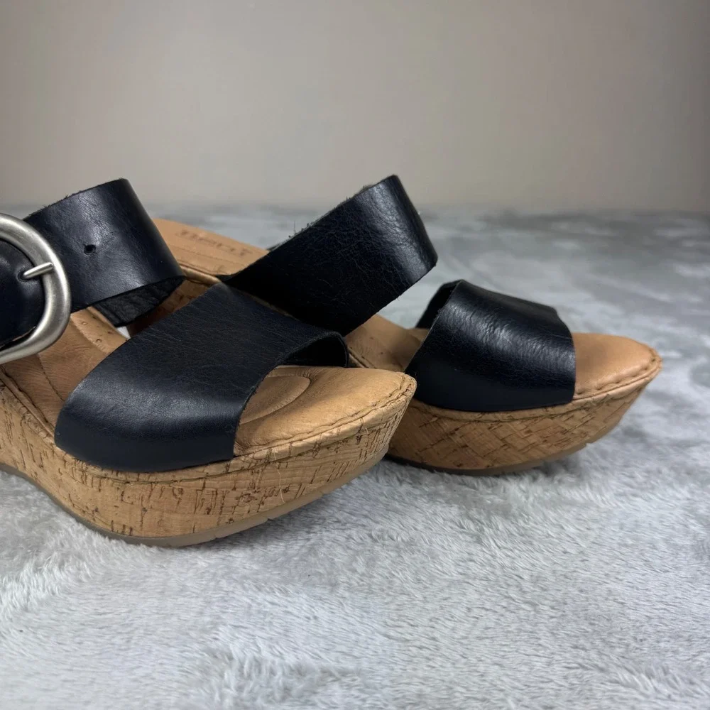 Born Black Leather Cork Wedge Slide Sandals Women's Size 10.5 Buckle Comfort